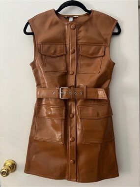 Women’s Faux Leather Belted Pocket Dress — Brown